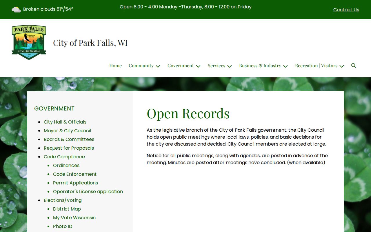 Official Park Falls municipal open-records page